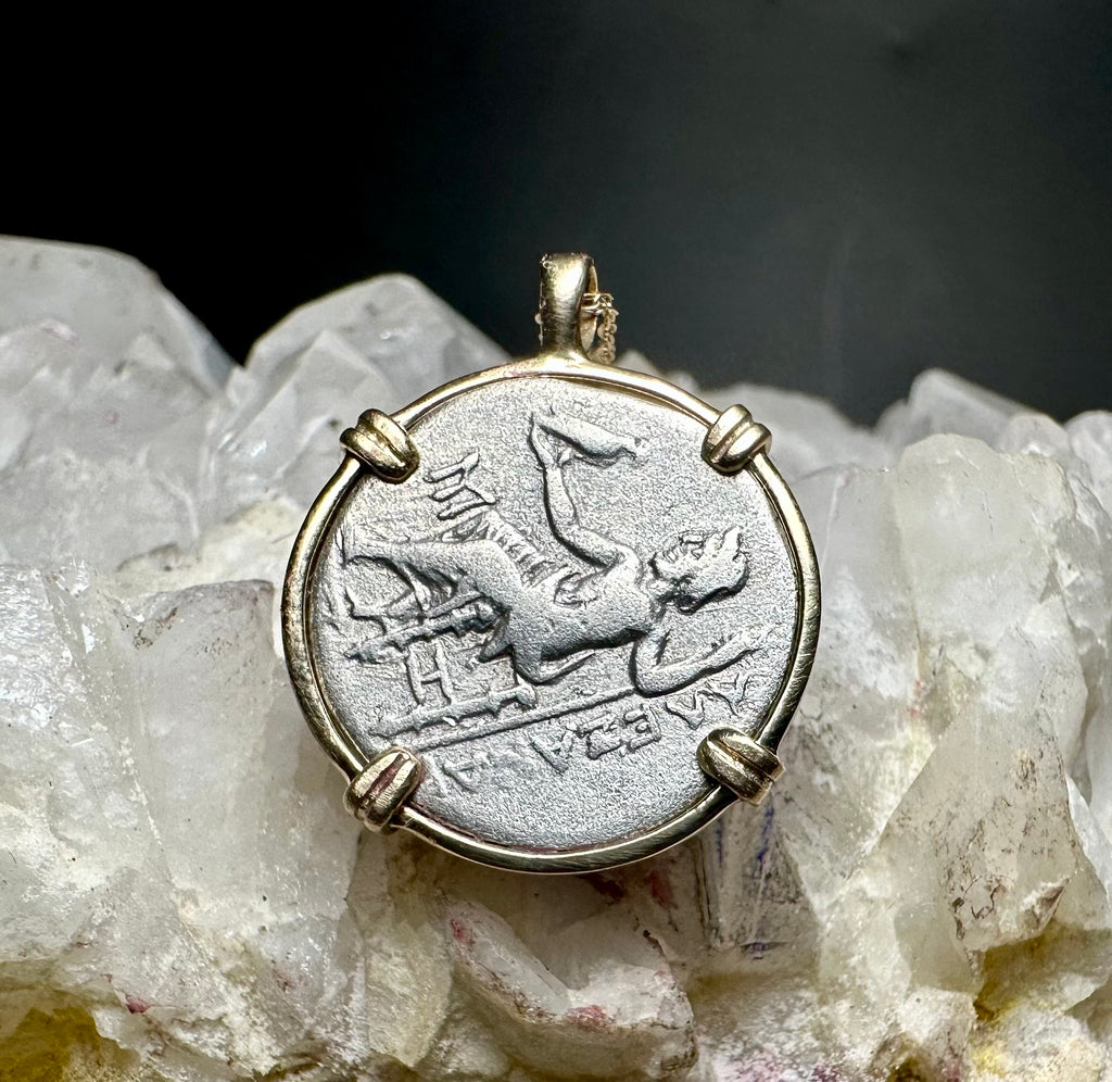 Alexander the Great silver Drachm in solid 14k yellow gold pendant