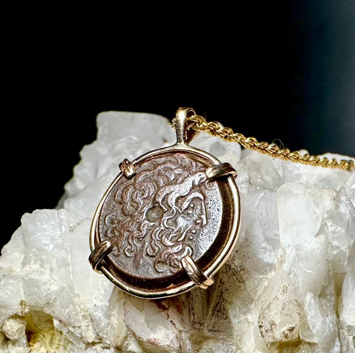 Ancient Egyptian coin of Zeus Ammon and Twin Eagles in 14k yellow gold filled pendant