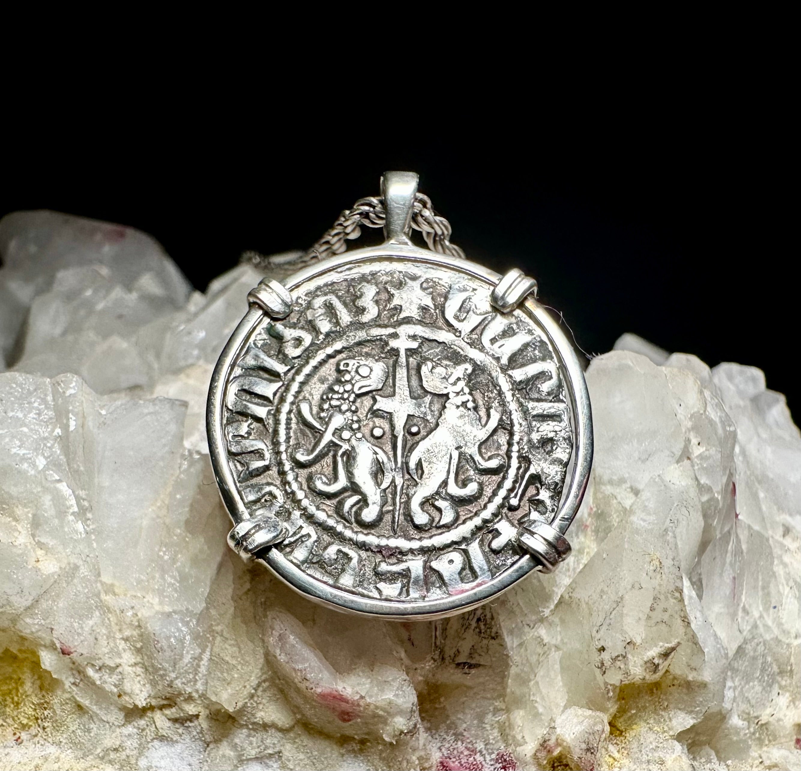 Medieval Christian Lion and Cross coin with “By the Will of God” inscription in sterling silver pendant