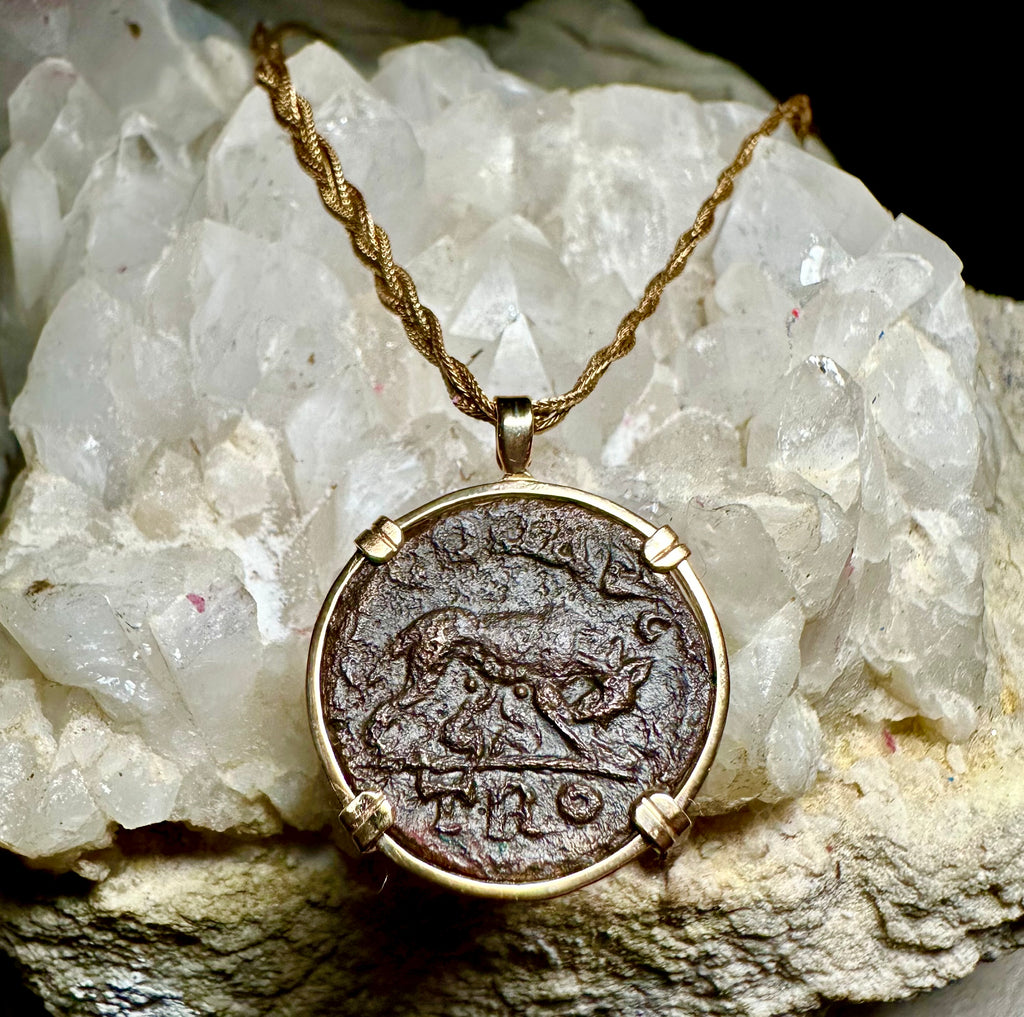 Ancient Roman 3rd century She Wolf Coin in 14k yellow gold filled pendant