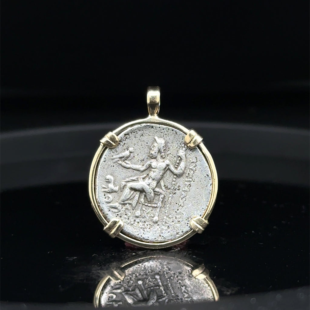 Alexander the Great Silver Drachm in Solid 14k Yellow Gold Pendant