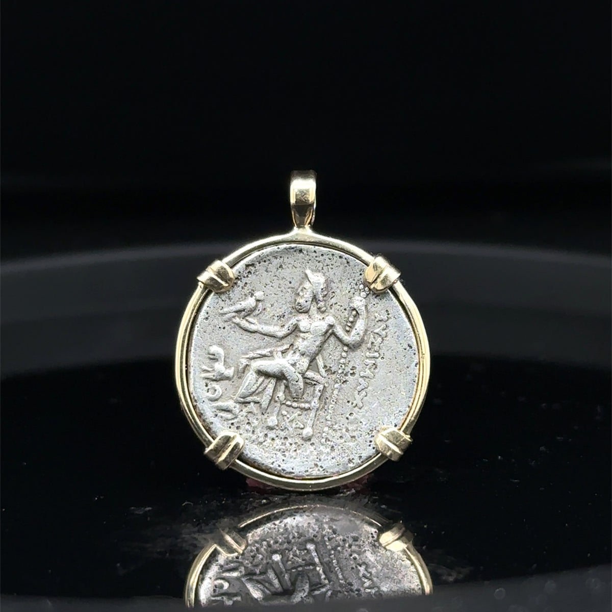 Alexander the Great Silver Drachm in Solid 14k Yellow Gold Pendant