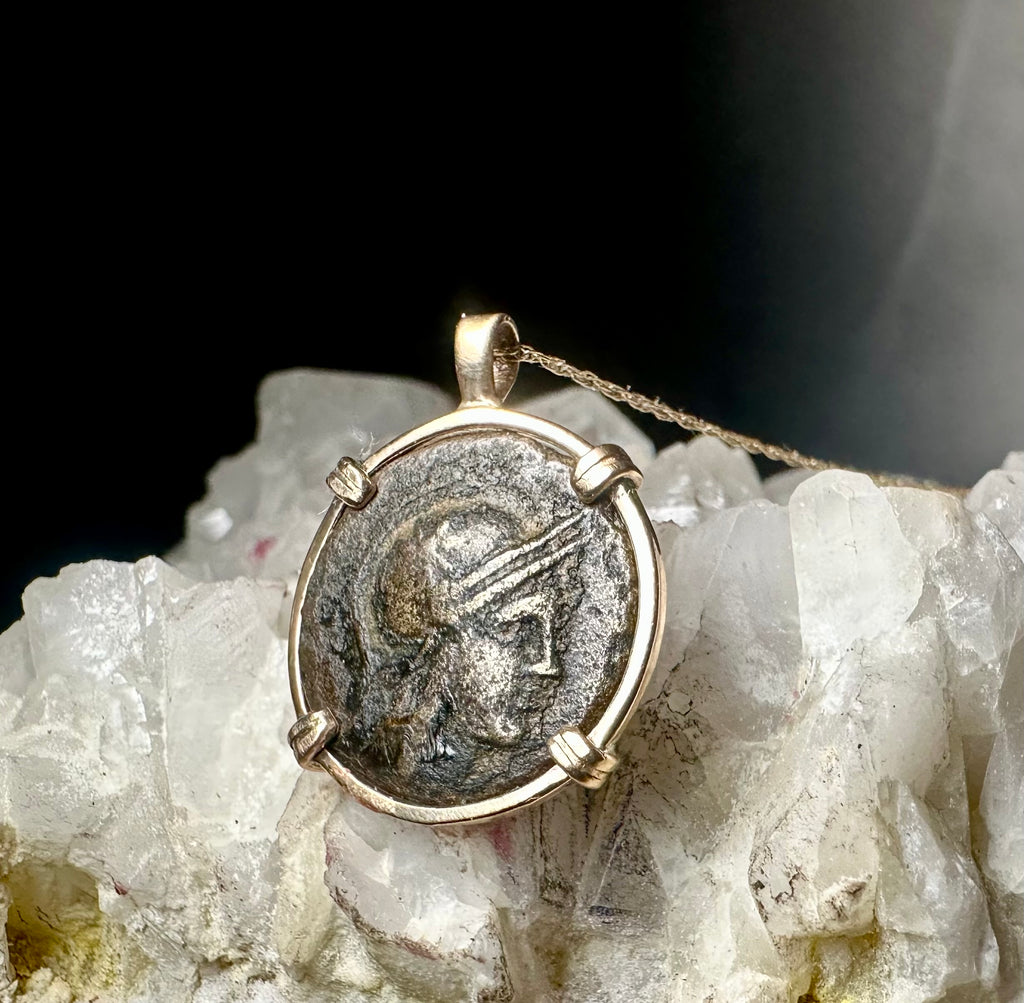 Ancient Greek Athena and Owl coin in 14k yellow gold filled pendant