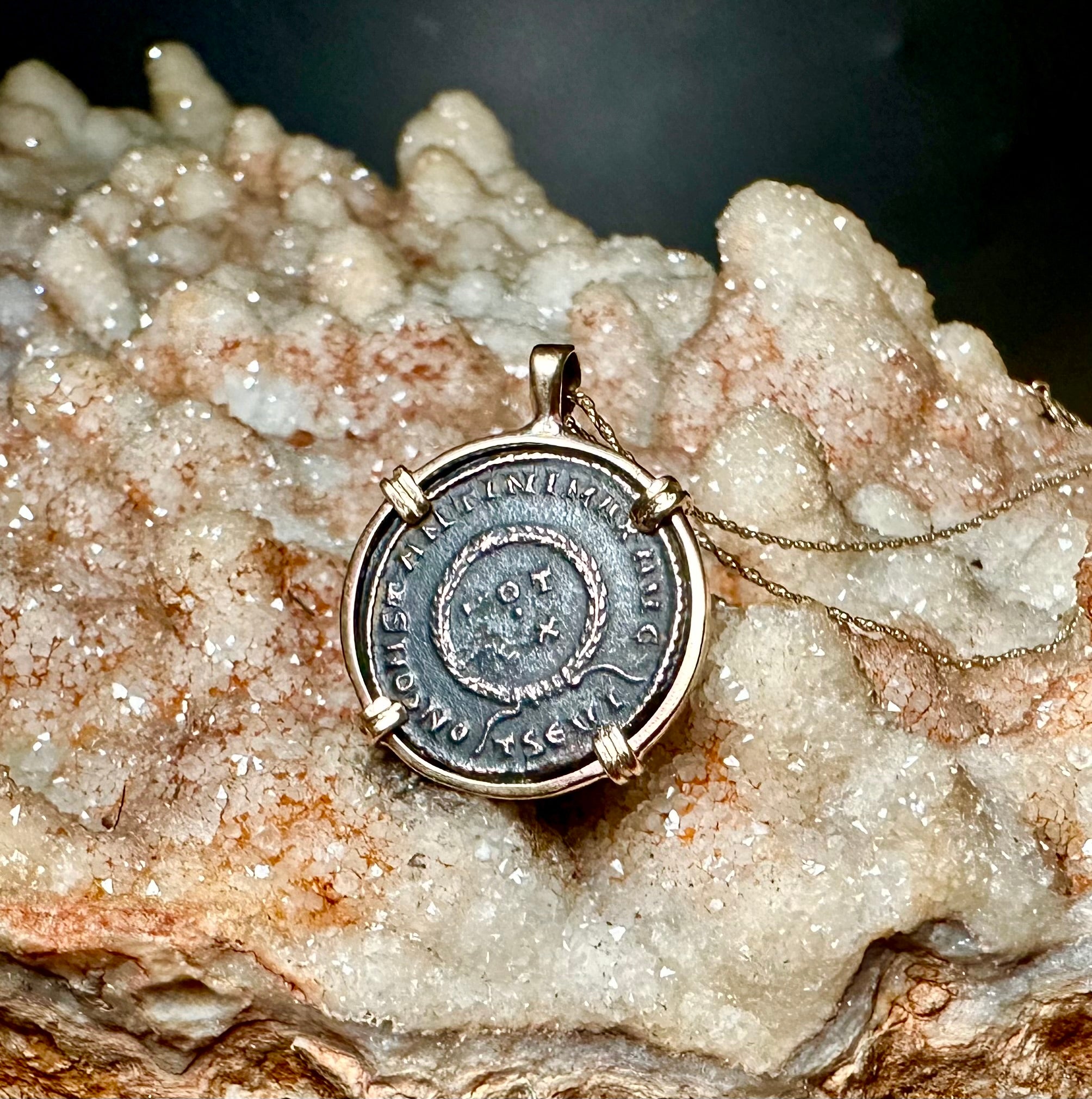 Ancient Roman Constantine The Great coin in 14k yellow gold filled pendant
