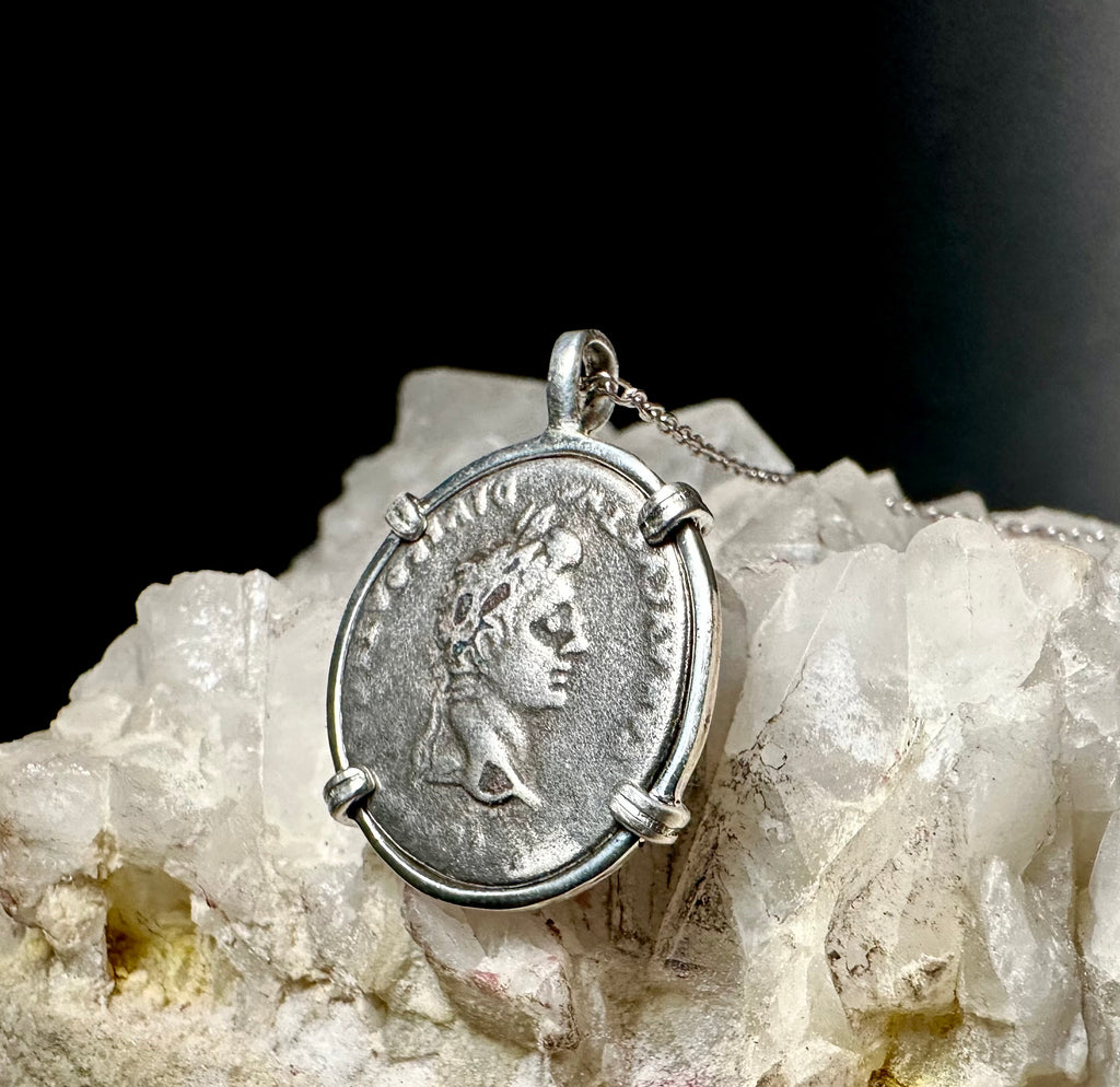 Roman Emperor Augustus silver denarius in sterling silver pendant