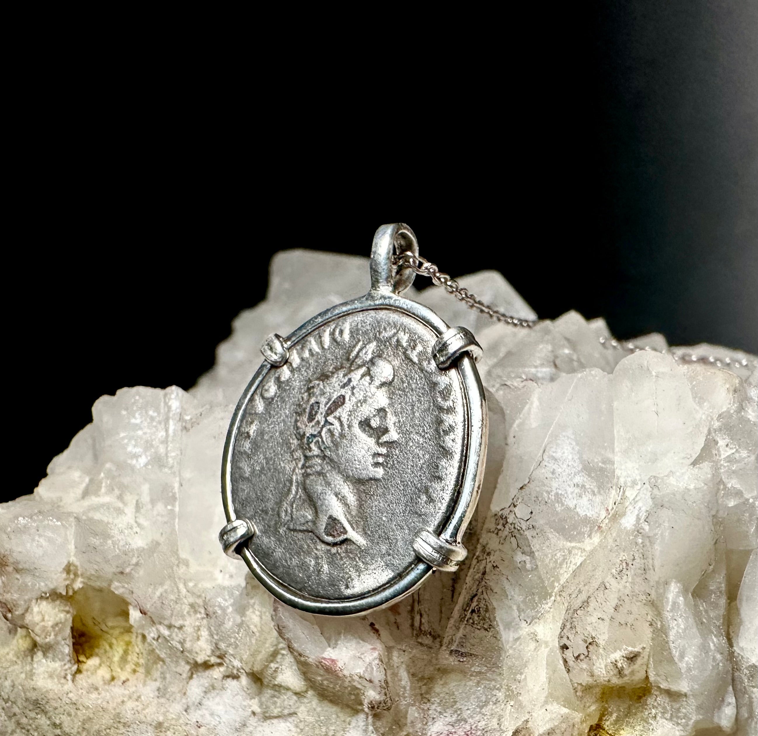 Roman Emperor Augustus silver denarius in sterling silver pendant