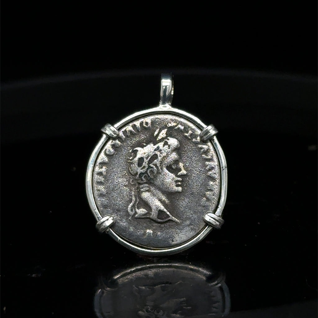 Roman Emperor Augustus silver denarius in sterling silver pendant