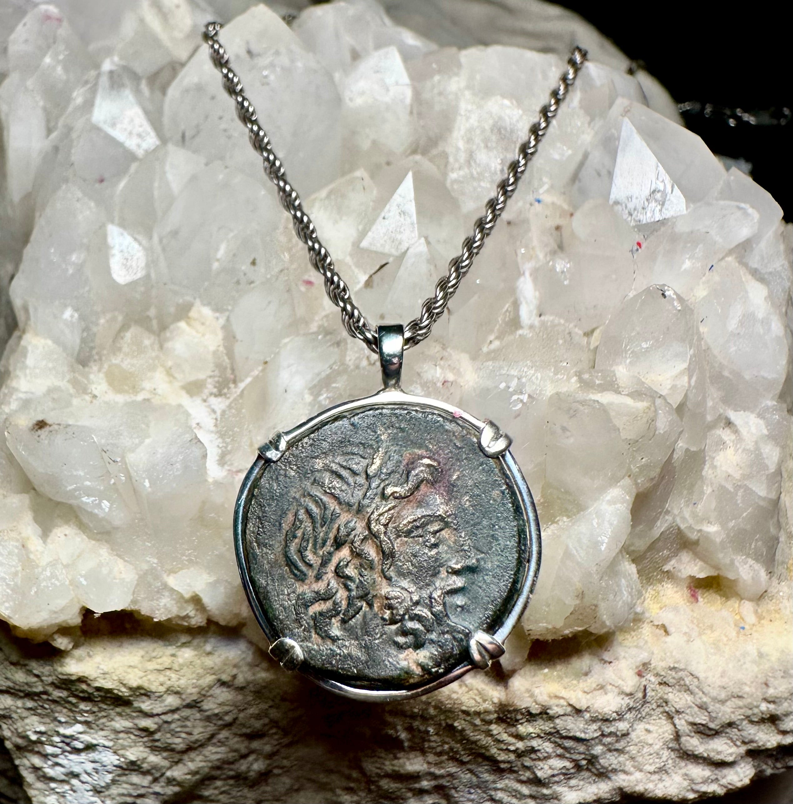 Ancient Greek Zeus and Eagle coin in sterling silver pendant