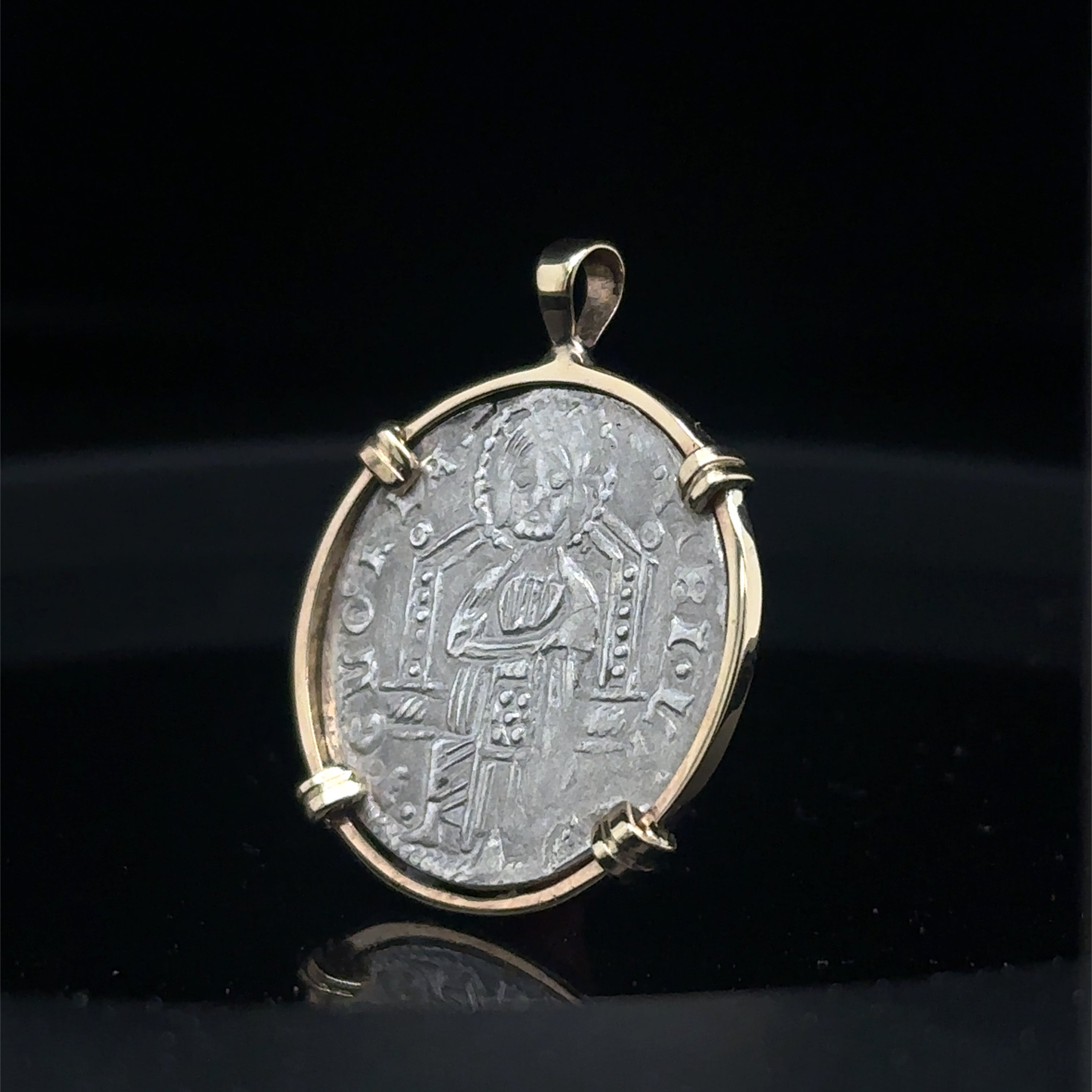 Genuine 14th Cent Jesus Christ and St Mark Coin in hand made solid gold pendant