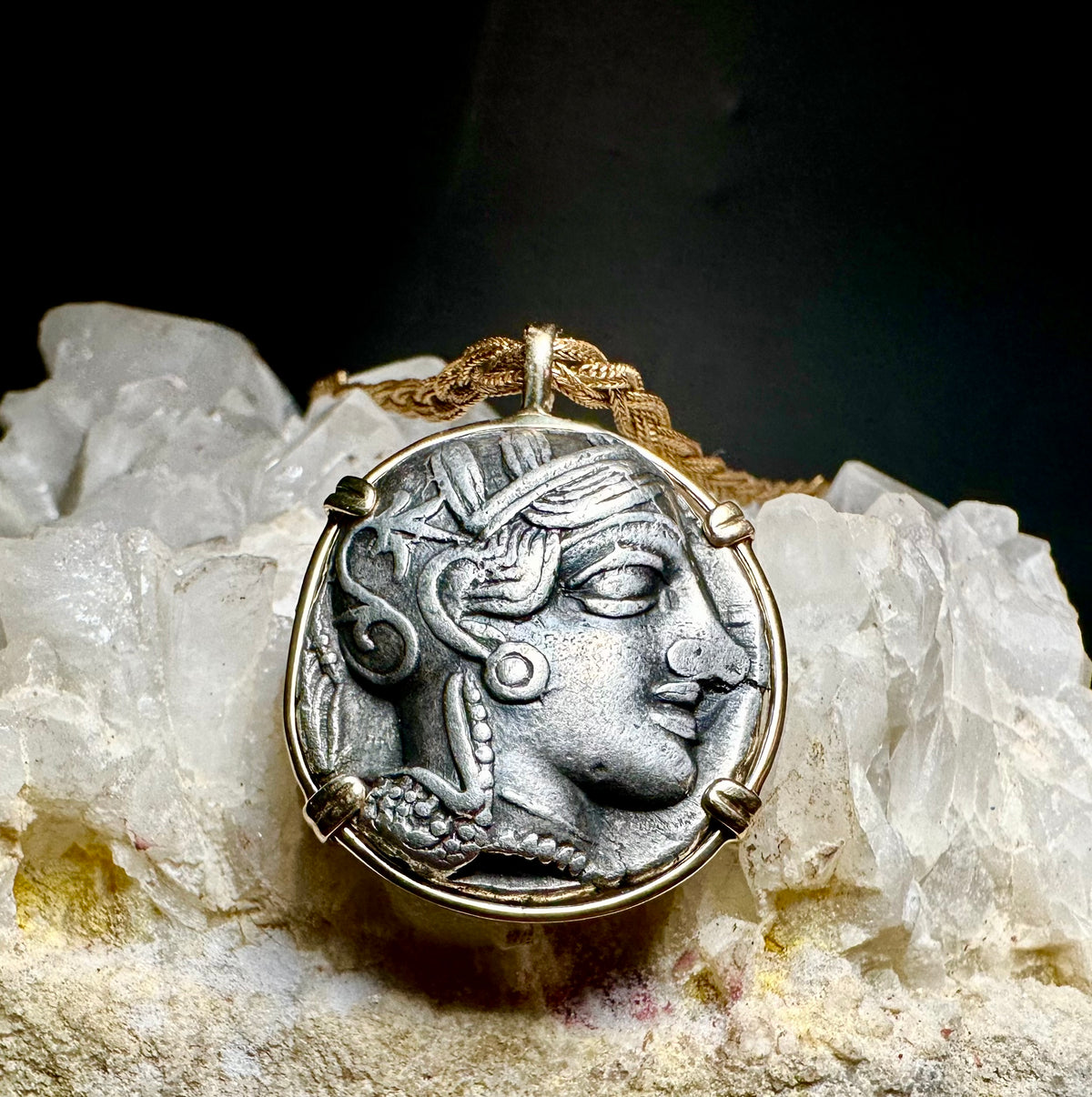 Ancient Athenian Owl and Athena silver tetradrachm in 14k solid gold pendant