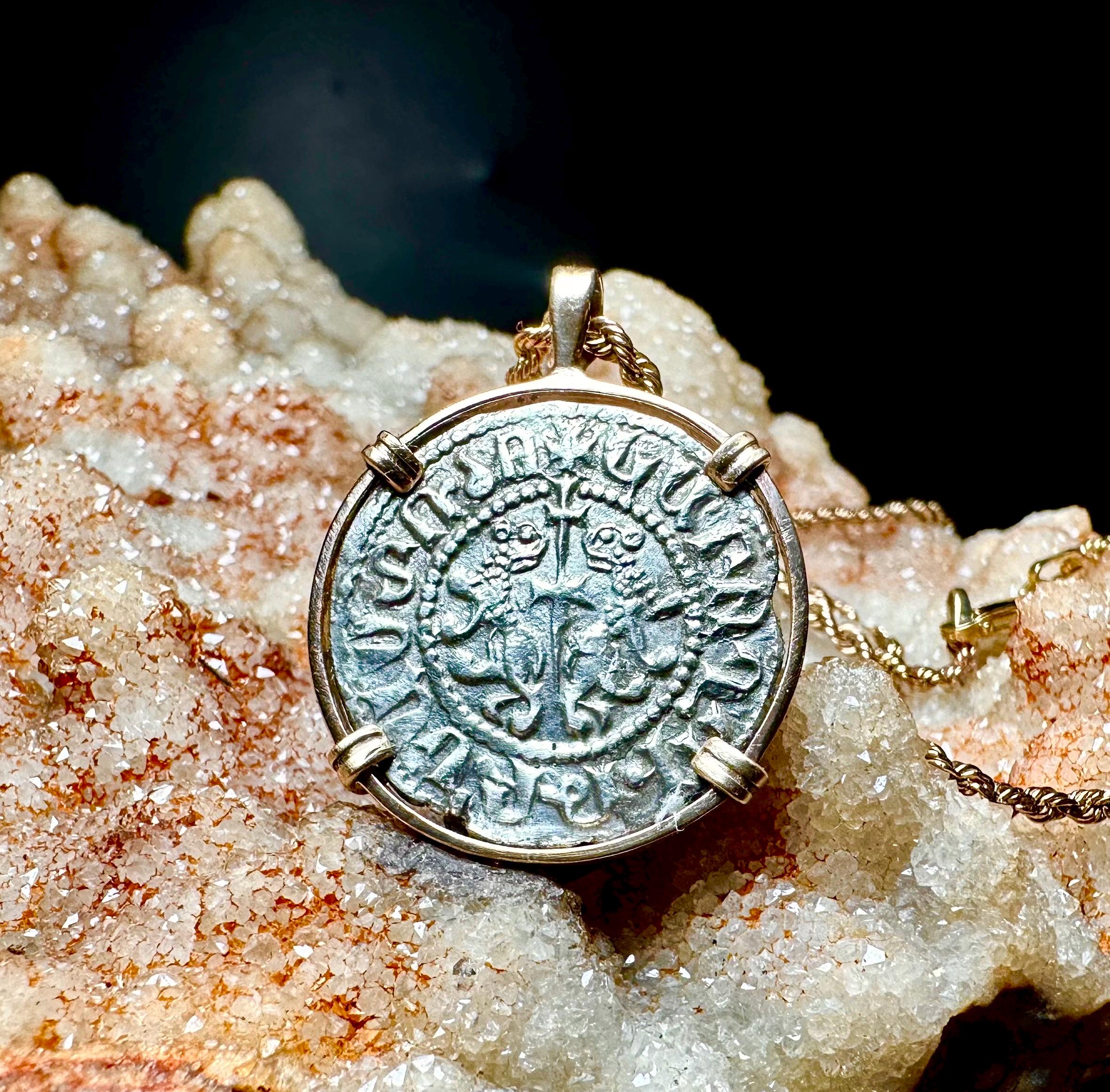 Genuine 12th century Crusader “By the Will of God” coin in 14k yellow gold filled pendant