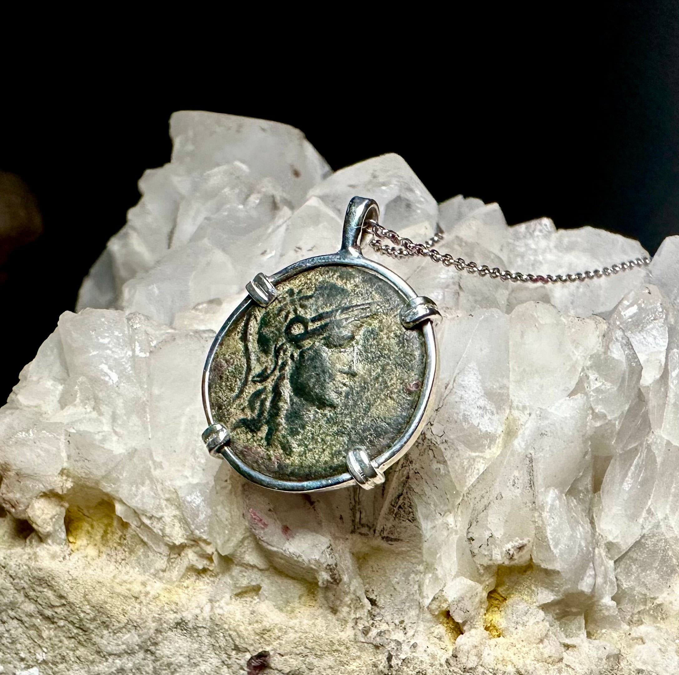 Ancient Greek Athena and Owl coin in sterling silver pendant