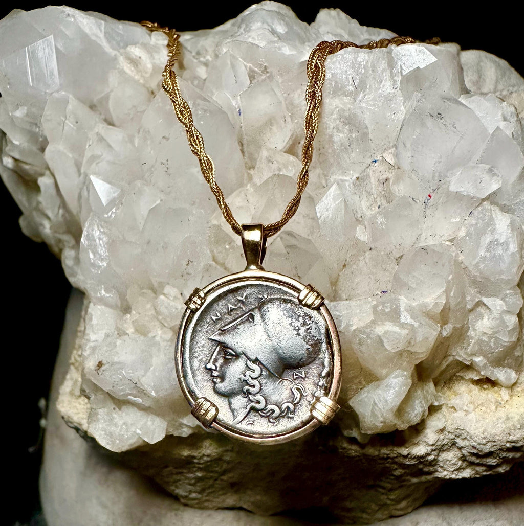 Genuine 350BC Ancient Greek Athena and Pegasus coin in 14k yg filled pendant