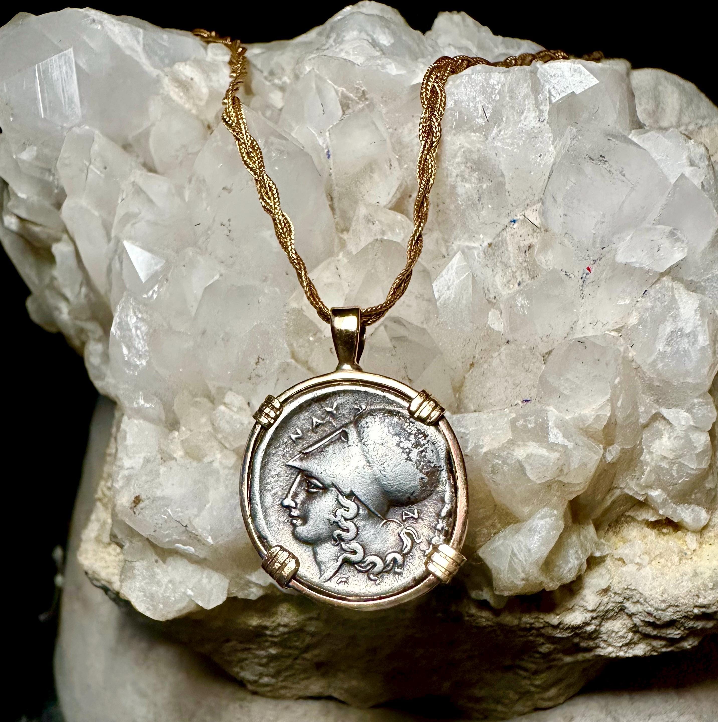 Genuine 350BC Ancient Greek Athena and Pegasus coin in 14k yg filled pendant