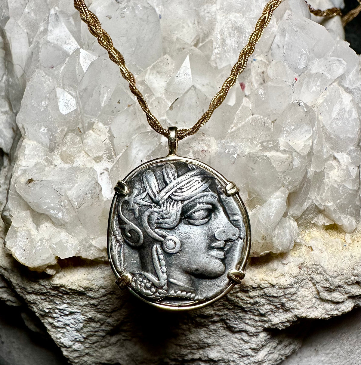 Ancient Athenian Owl and Athena silver tetradrachm in 14k solid gold pendant