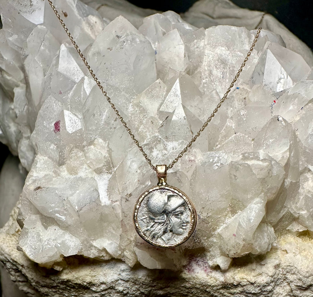 Ancient Greek Silver Athena and Janiform coin in Solid 14k Gold Bezel