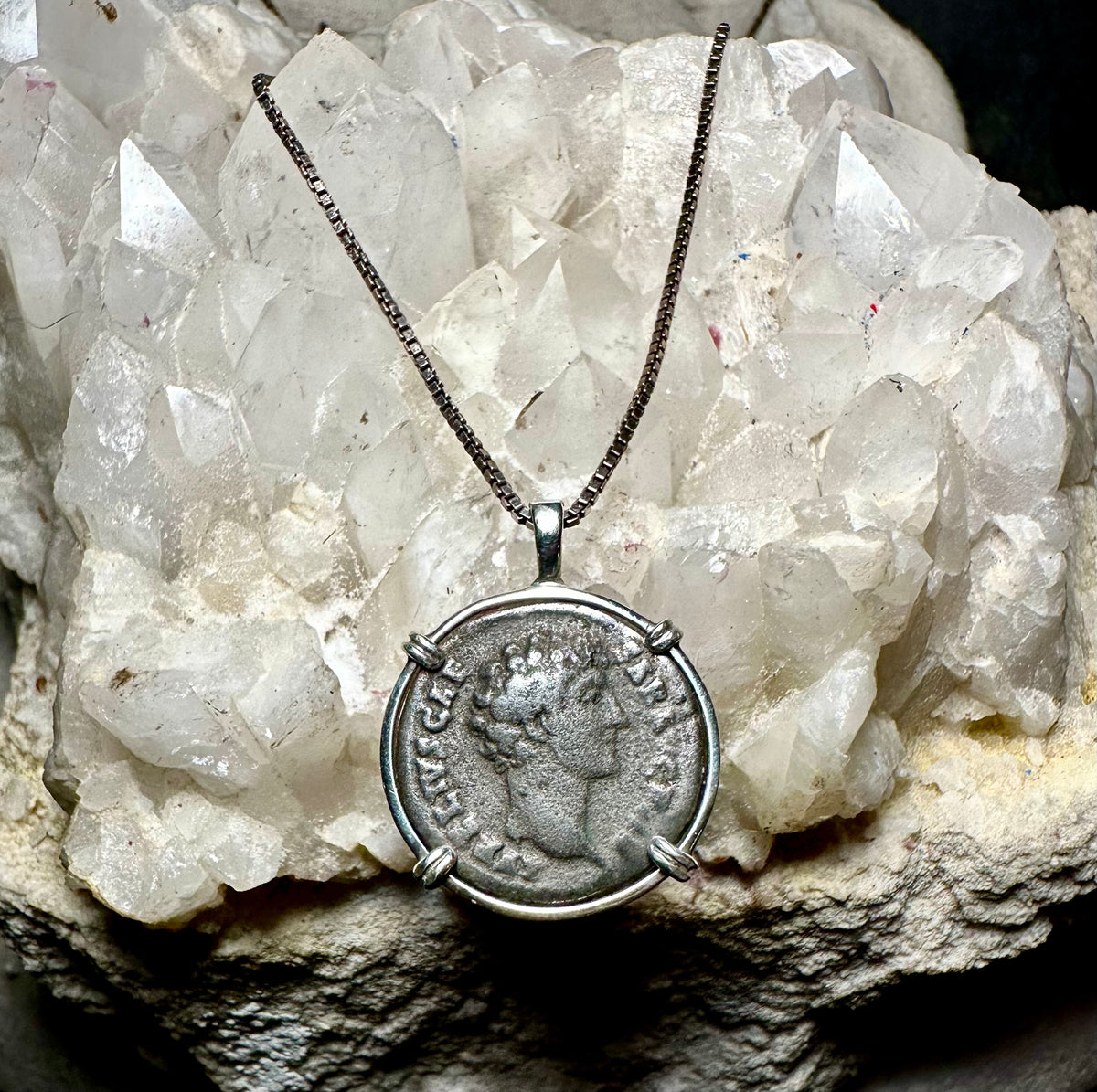 Ancient Roman Marcus Aurelius silver denarius in sterling silver pendant