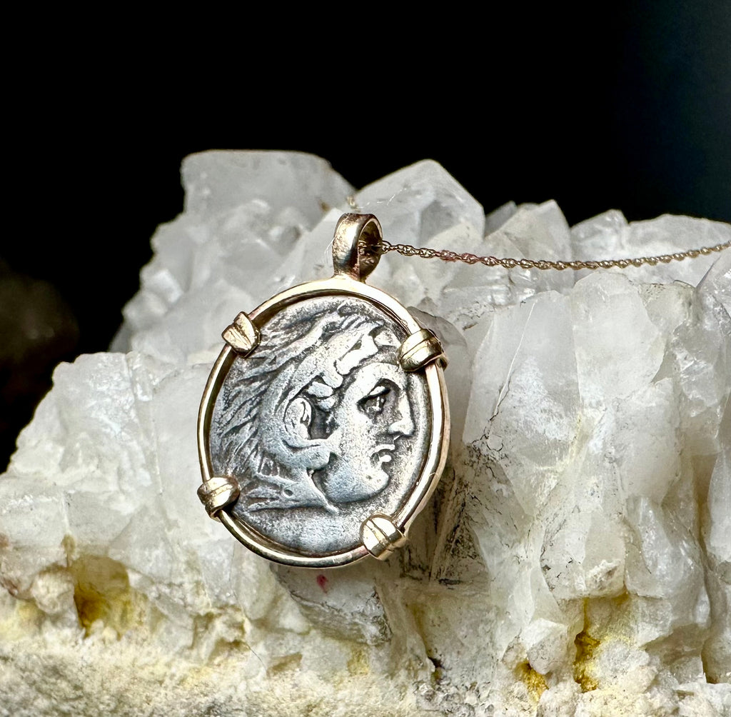 Alexander the Great silver Drachm in 14k yellow gold filled pendant