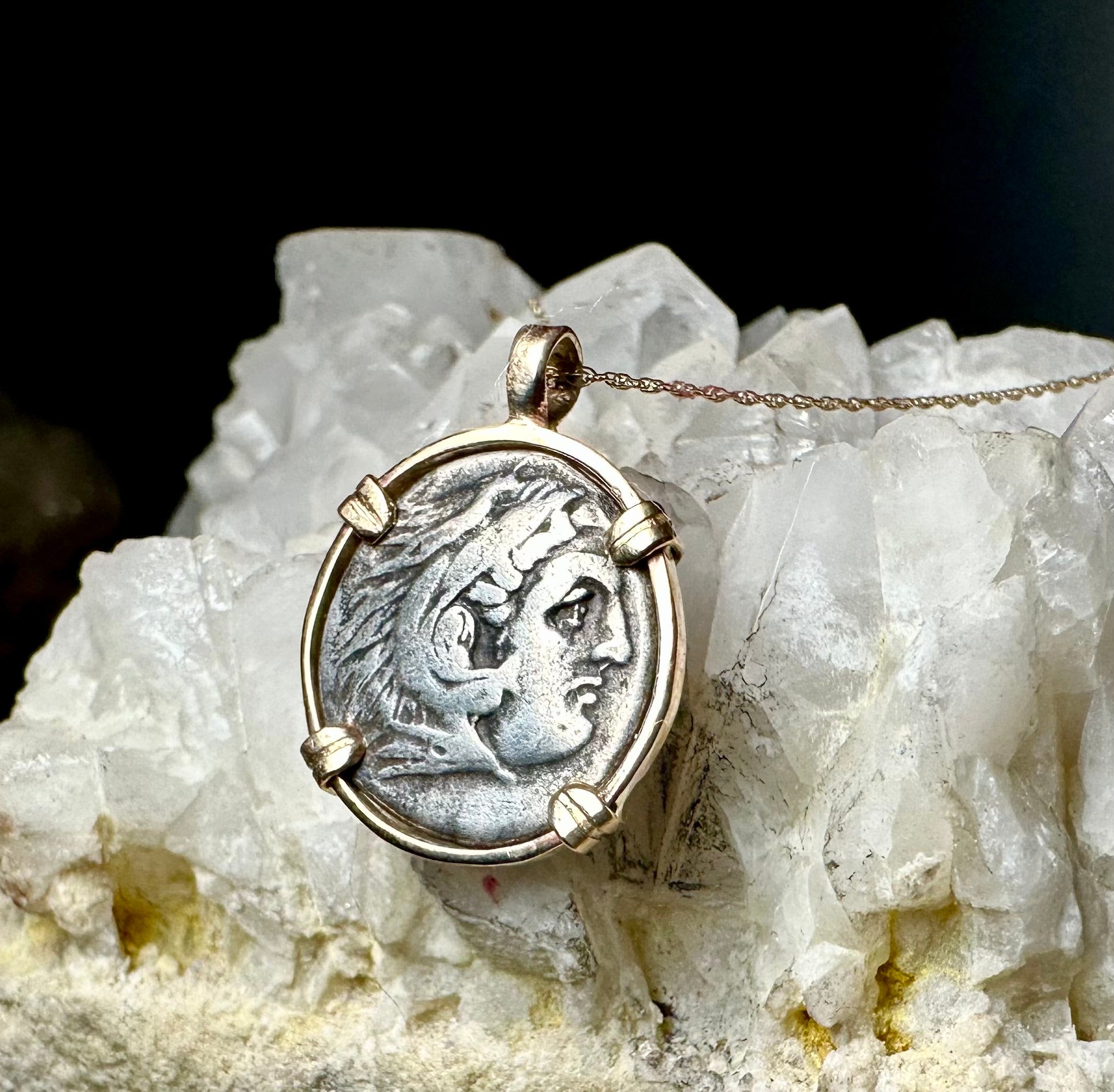 Alexander the Great silver Drachm in 14k yellow gold filled pendant