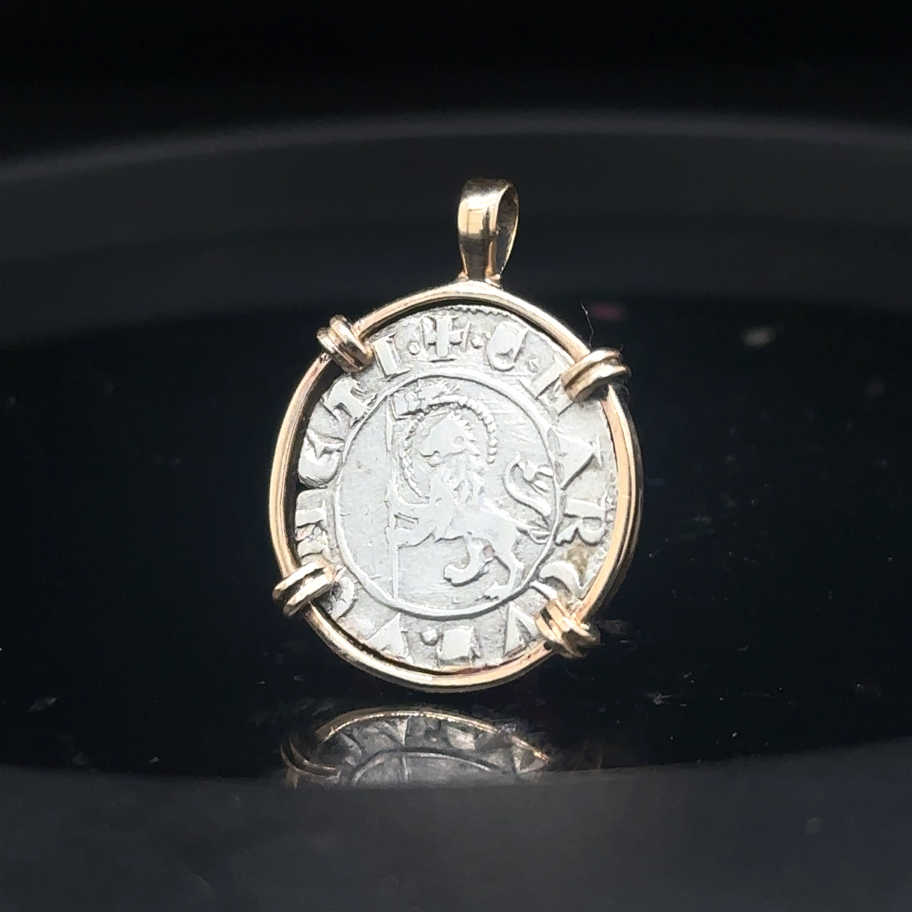 14th Century Italian Christian Lion of St Mark coin in 14k yellow gold filled pendant