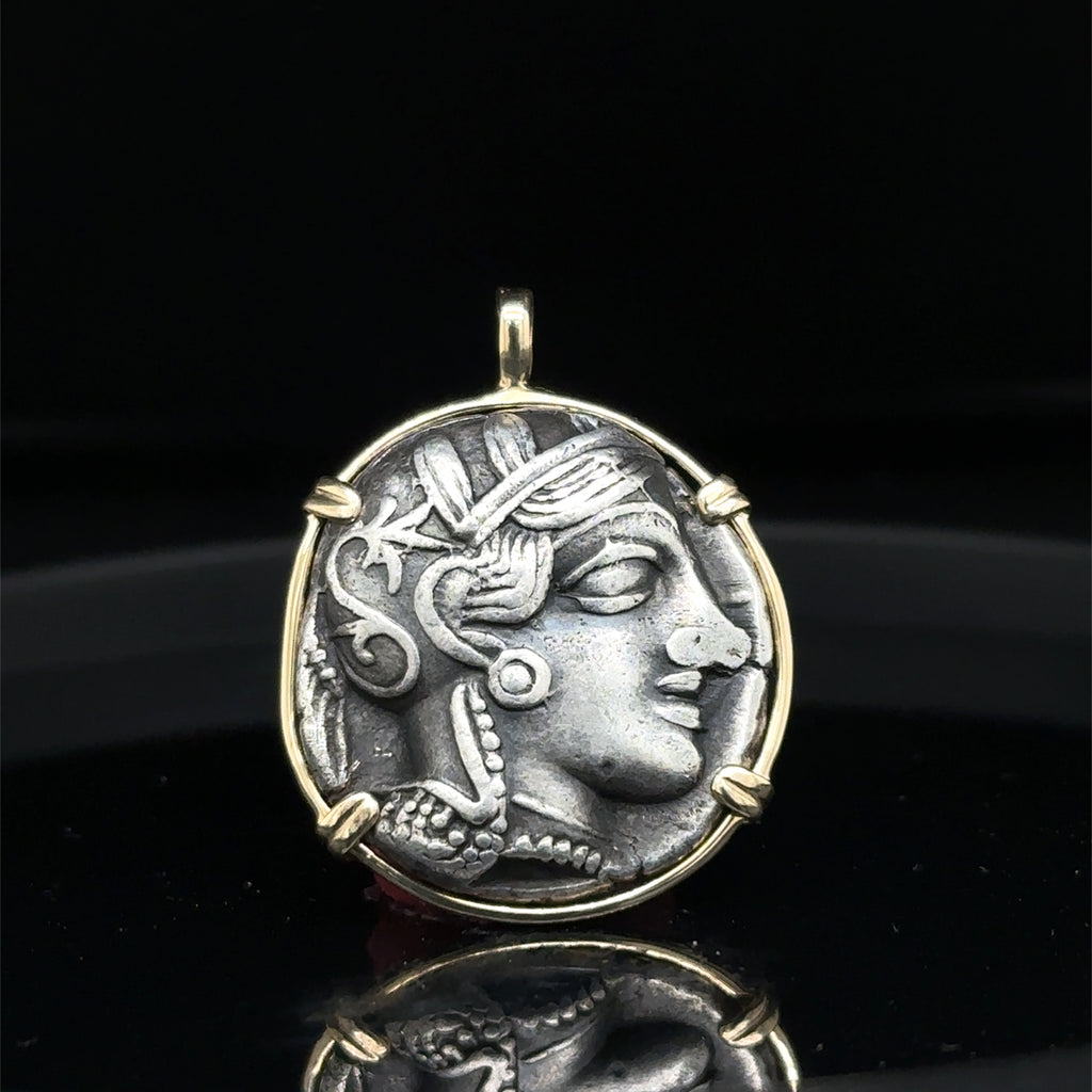 Ancient Athenian Owl and Athena silver tetradrachm in 14k solid gold pendant