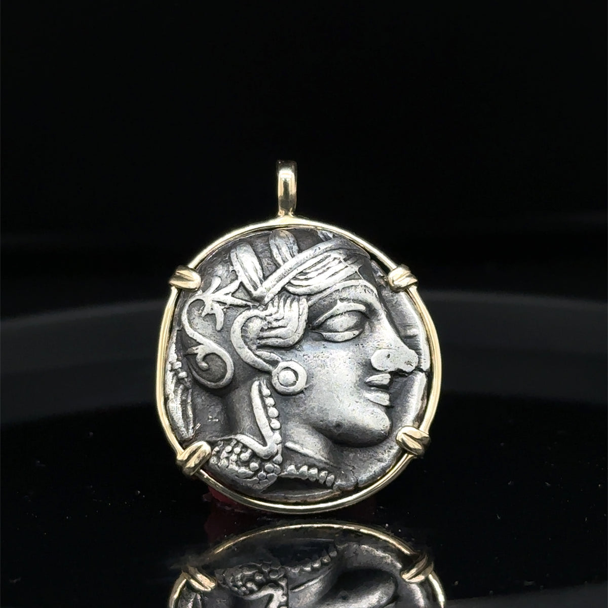 Ancient Athenian Owl and Athena silver tetradrachm in 14k solid gold pendant