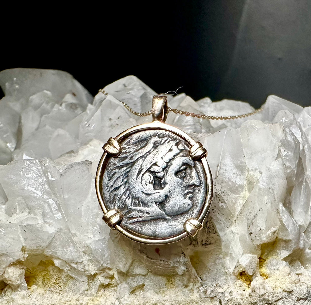 Alexander the Great silver Drachm in 14k yellow gold filled pendant