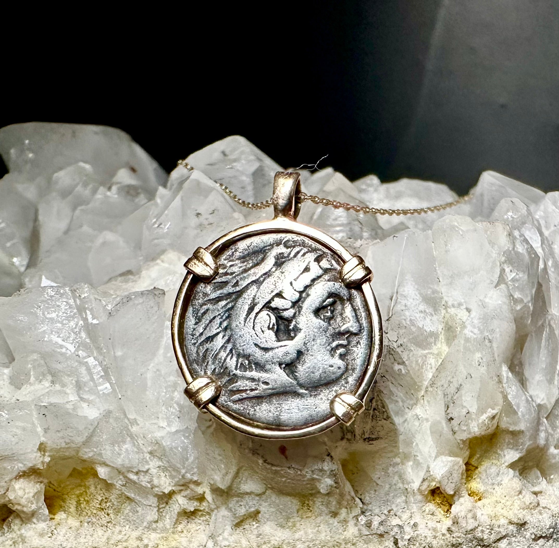 Alexander the Great silver Drachm in 14k yellow gold filled pendant