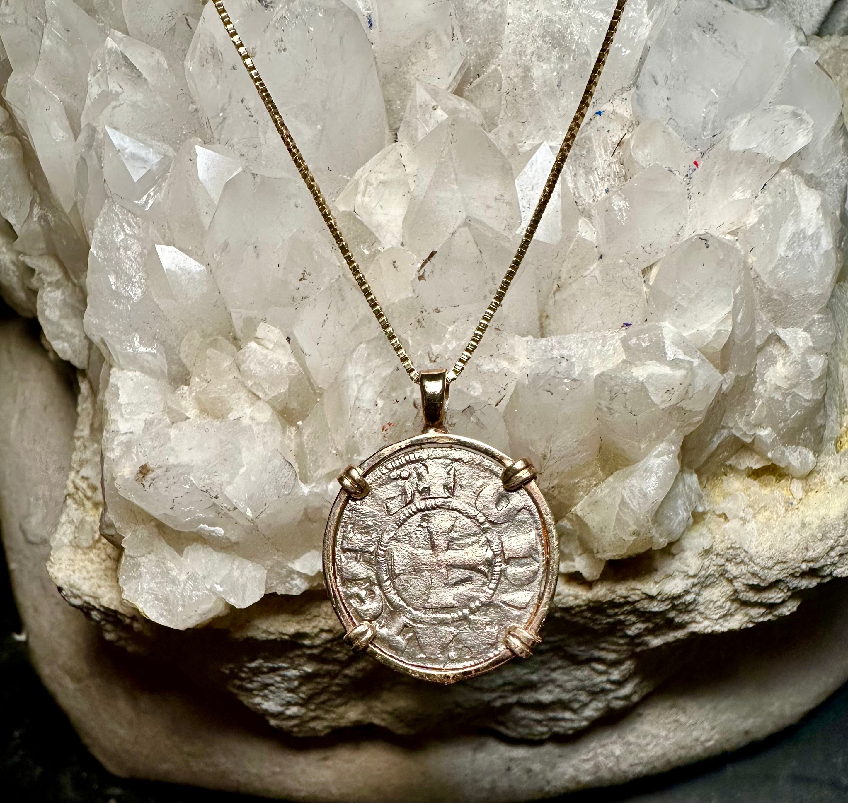 13th century silver Christian Crusader coin in 14k yellow gold filled pendant