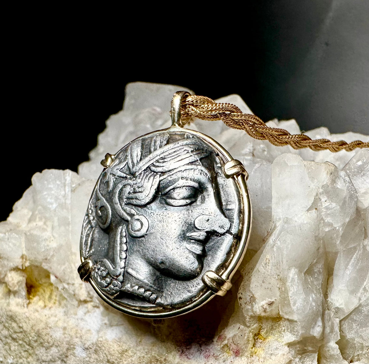 Ancient Athenian Owl and Athena silver tetradrachm in 14k solid gold pendant
