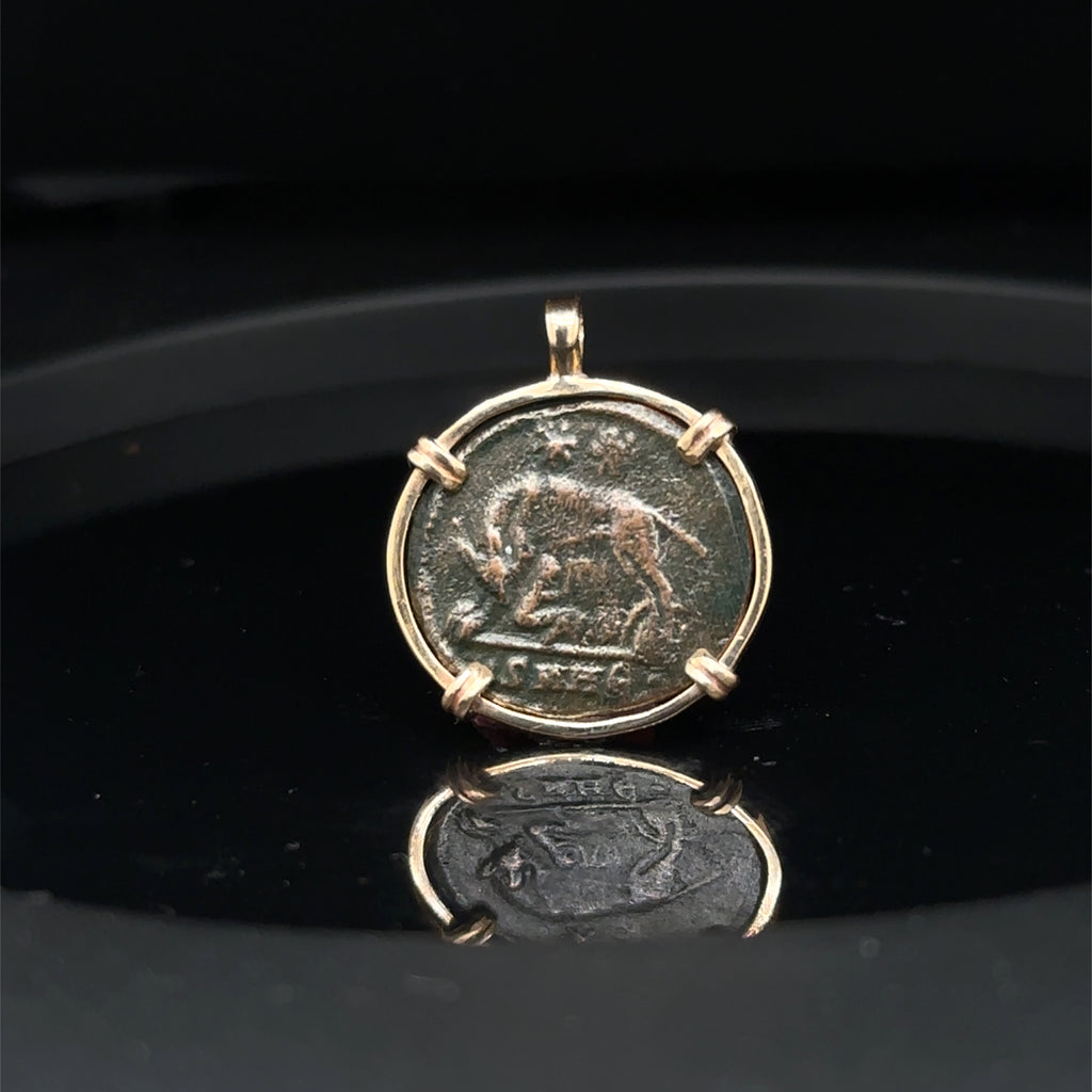 Ancient Roman She-wolf Romulus & Remus coin in 14k yellow gold filled pendant
