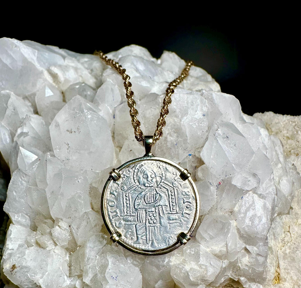 Genuine 14th Cent Jesus Christ and St Mark Coin in hand made solid gold pendant