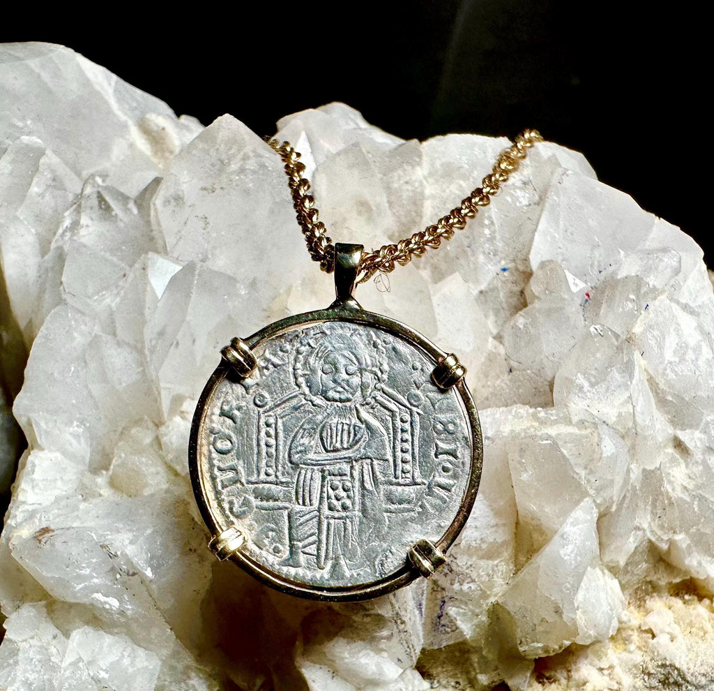 Genuine 14th Cent Jesus Christ and St Mark Coin in hand made solid gold pendant