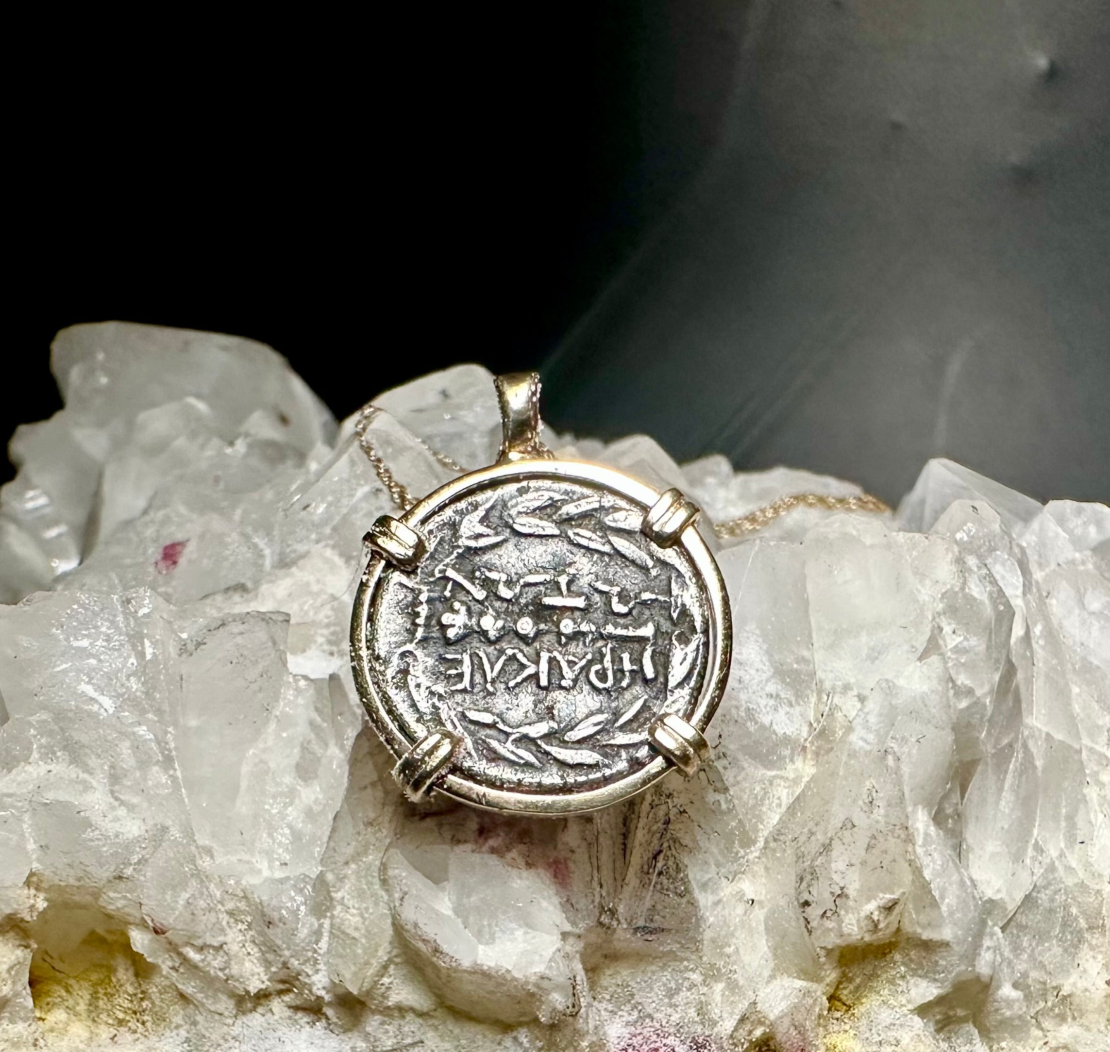 Ancient Greek Athena and Hercules silver coin in solid 14k yellow gold pendant