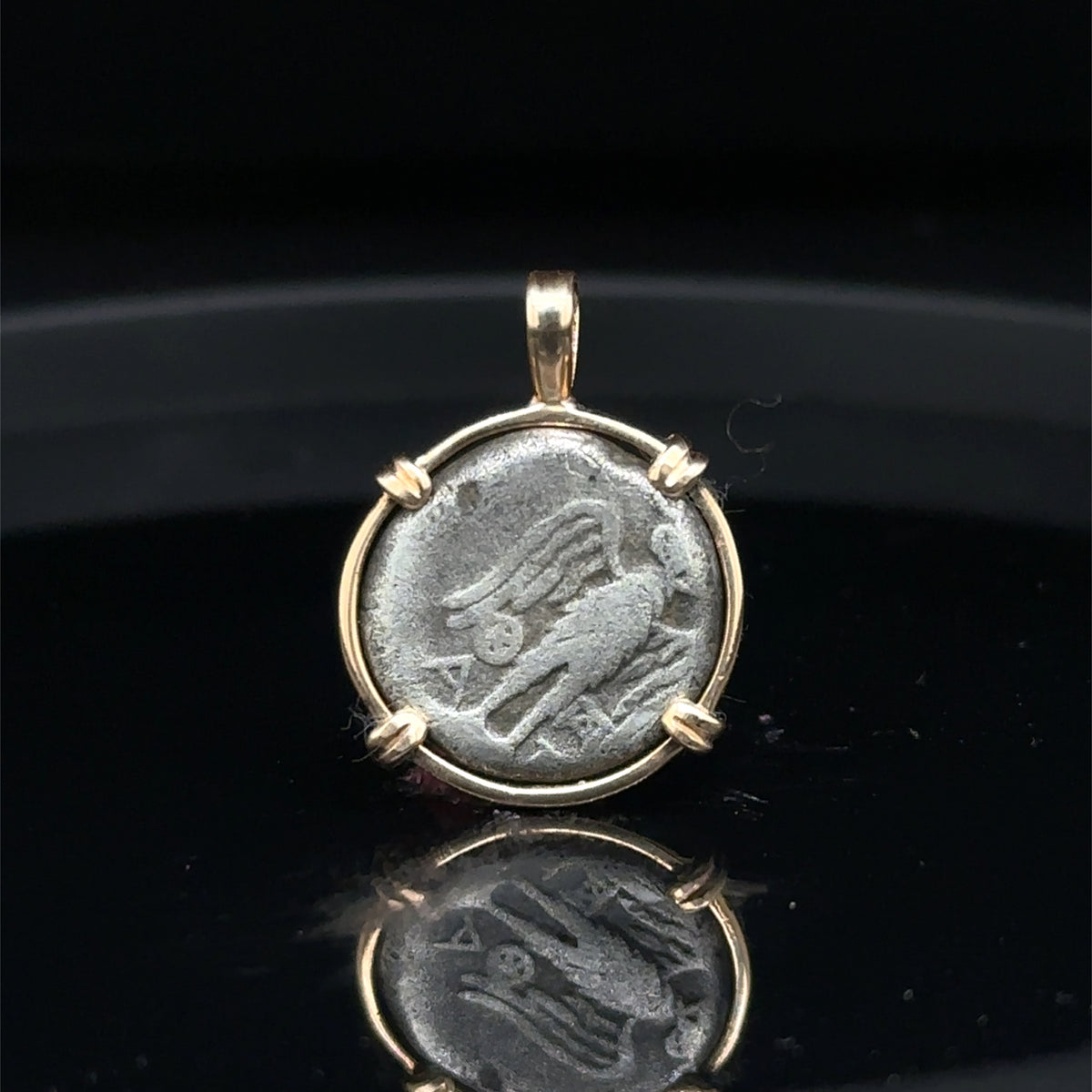 Ancient Greek Hera and Owl silver Drachm in 14k yellow gold filled pendant