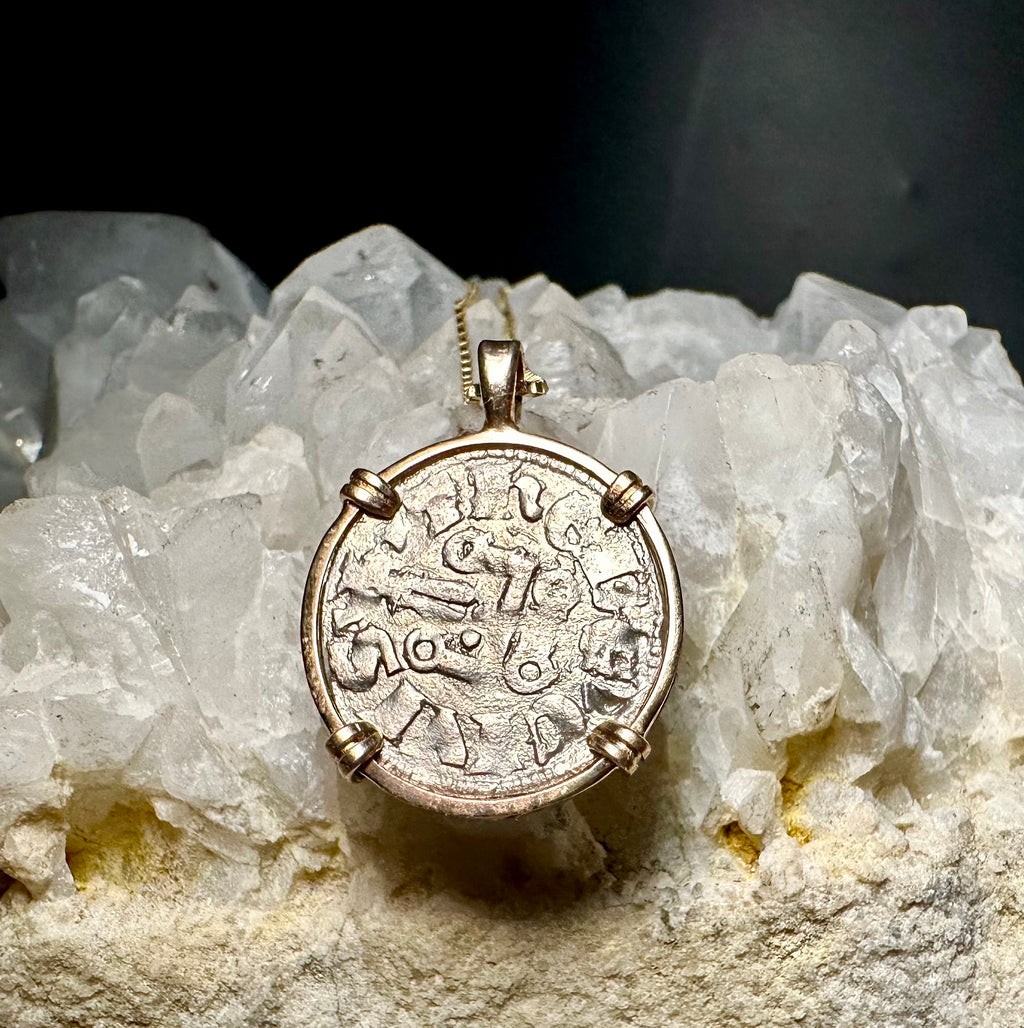 13th century silver Christian Crusader coin in 14k yellow gold filled pendant