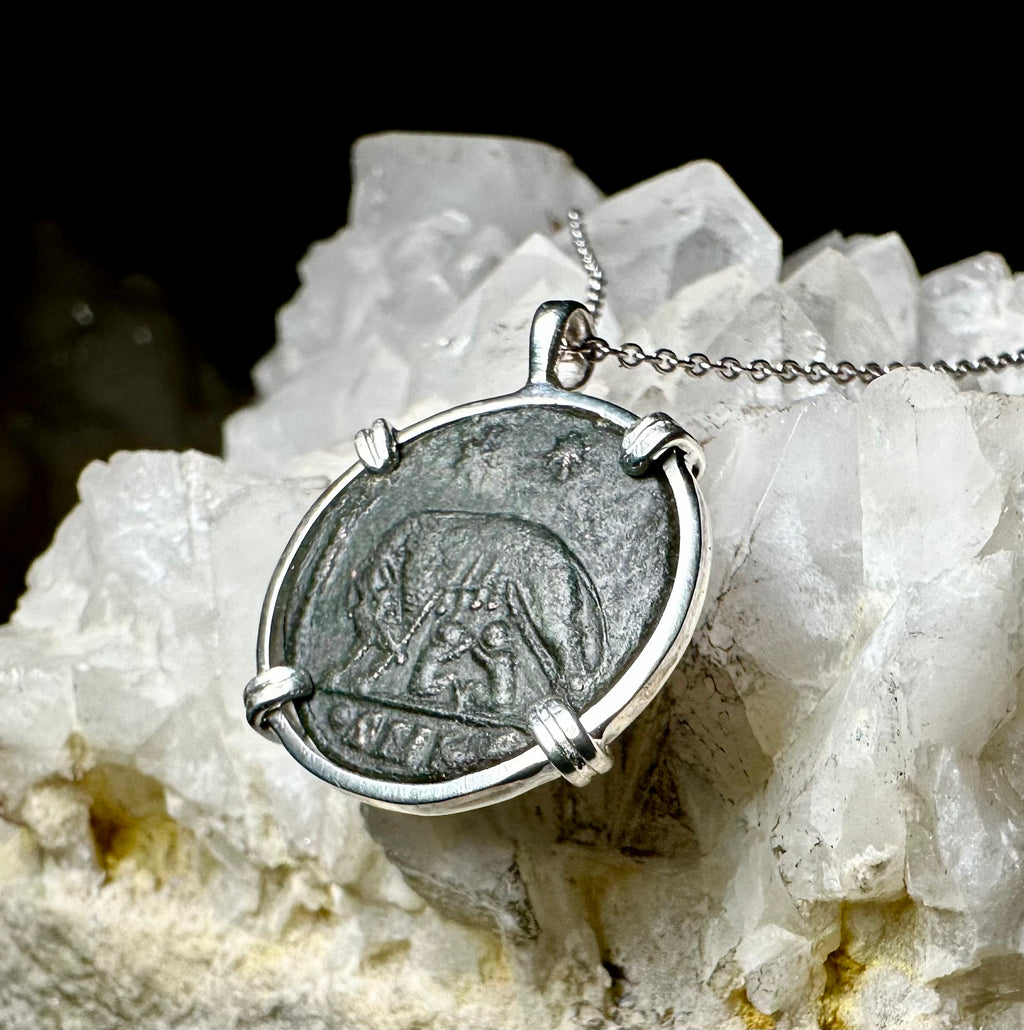 Genuine Ancient Roman She-Wolf Coin in Sterling Silver Pendant