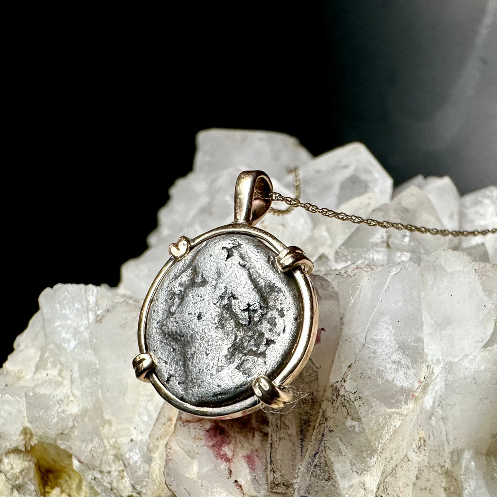 Ancient Greek Hera and Owl silver Drachm in 14k yellow gold filled pendant