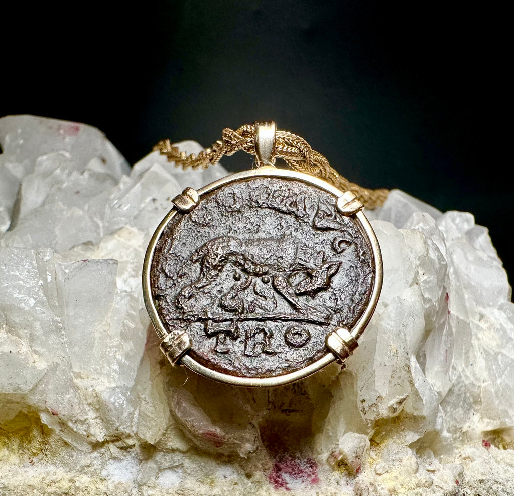Ancient Roman 3rd century She Wolf Coin in 14k yellow gold filled pendant