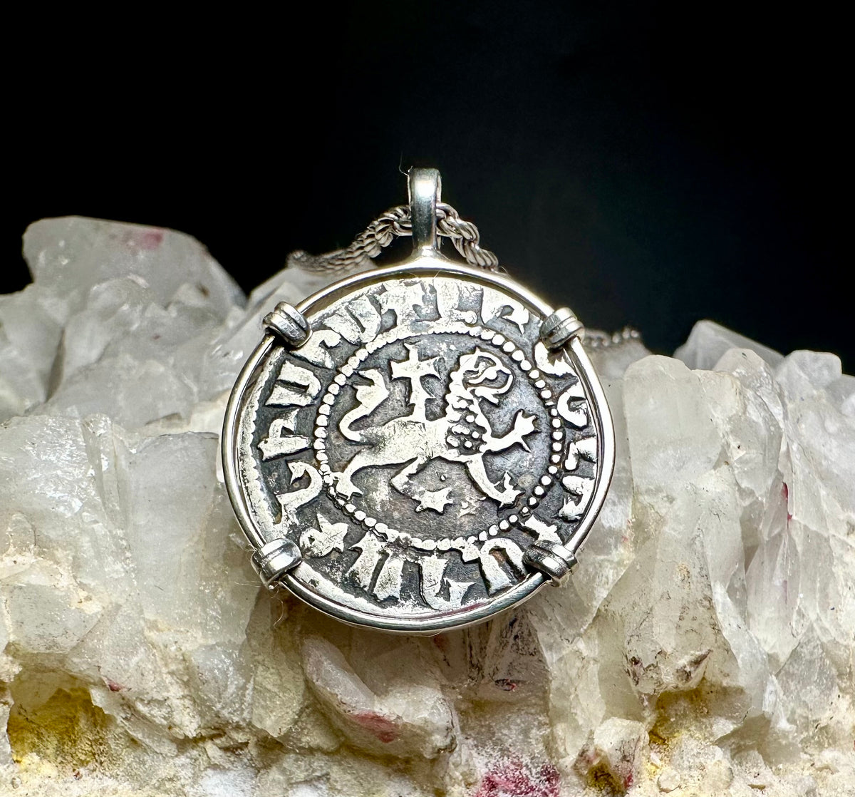 Medieval Christian Lion and Cross Silver Coin in Sterling Silver Pendant