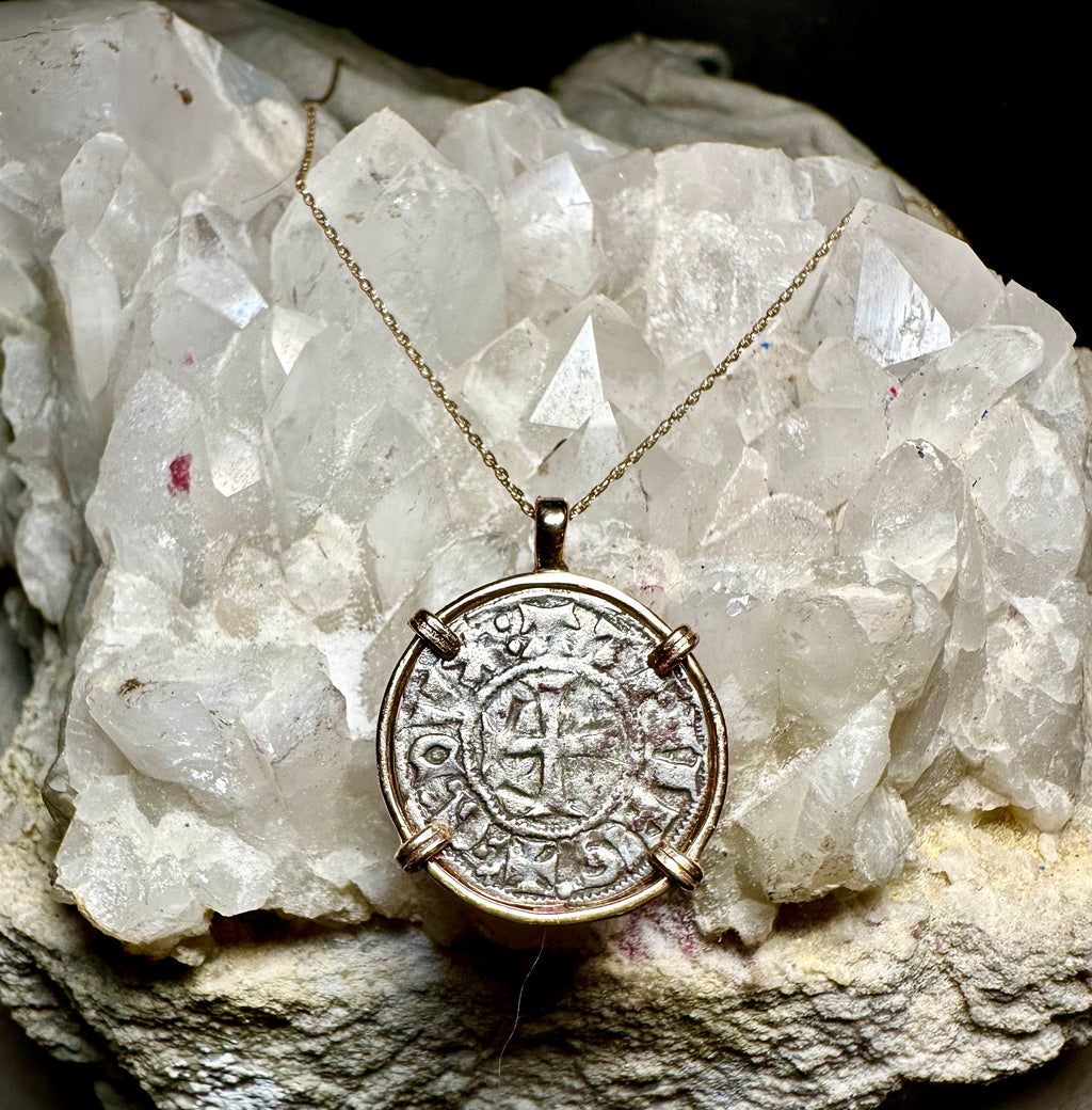 13th century silver Christian Crusader coin in 14k yellow gold filled pendant