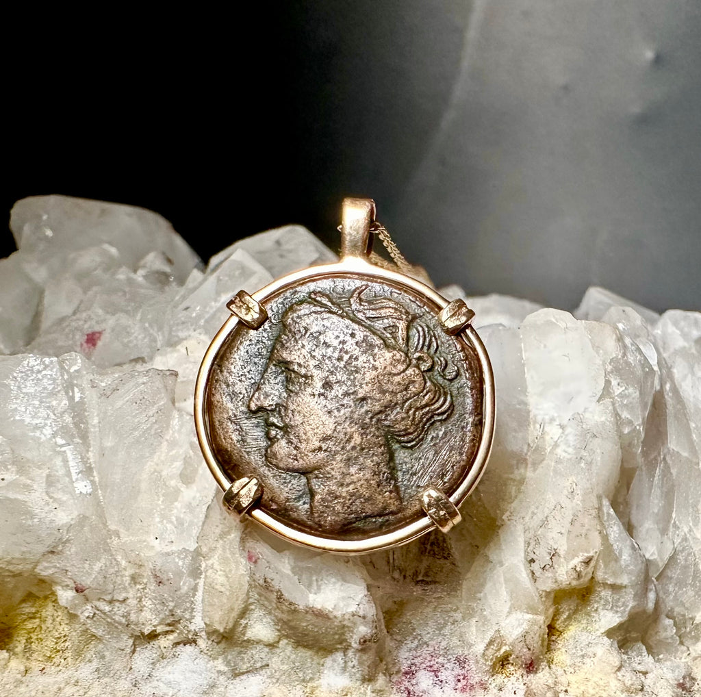 Ancient Sicily Persephone and Bull coin in 14k yellow gold filled pendant