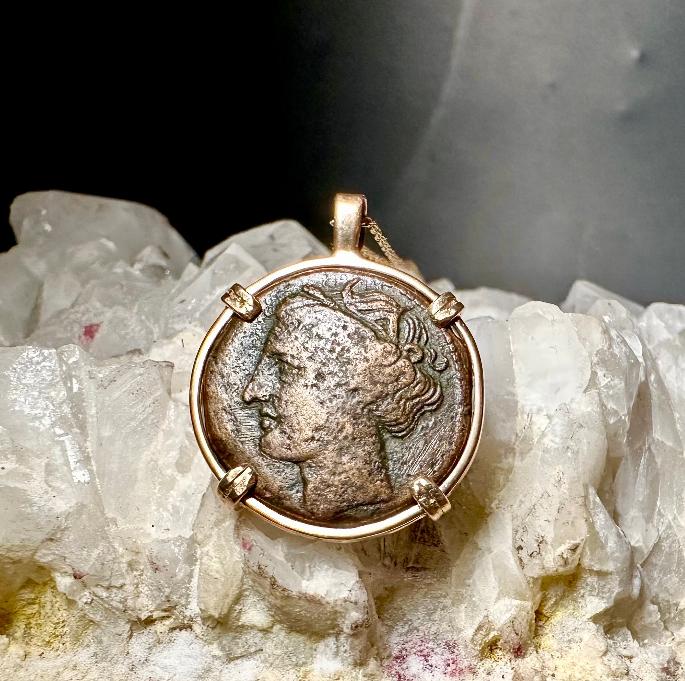 Ancient Sicily Persephone and Bull coin in 14k yellow gold filled pendant