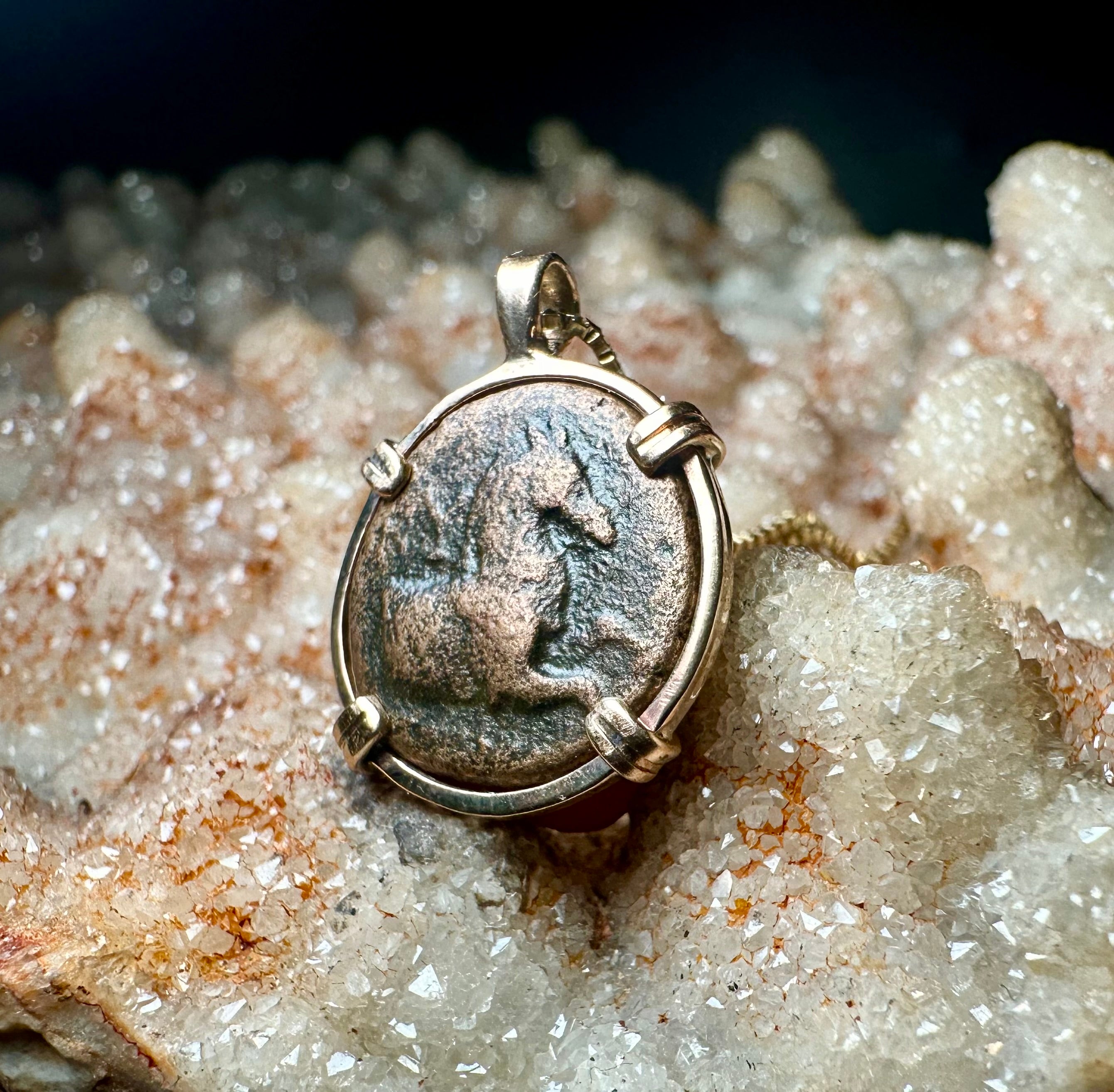 Ancient Greek Horse coin in 14k yellow gold filled pendant