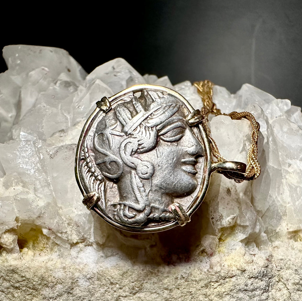 Ancient Greek Athena and Owl silver Tetradrachm in solid 14k yellow gold pendant