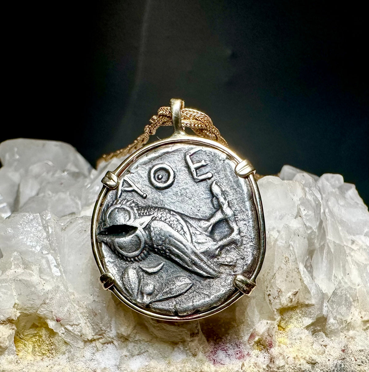 Ancient Athenian Owl and Athena silver tetradrachm in 14k solid gold pendant