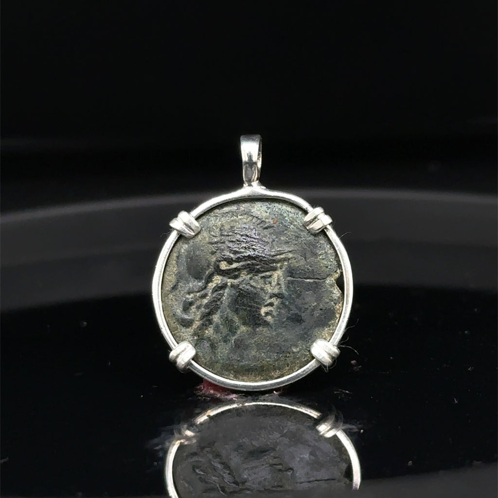 Ancient Greek Owl and Athena coin in sterling silver pendant