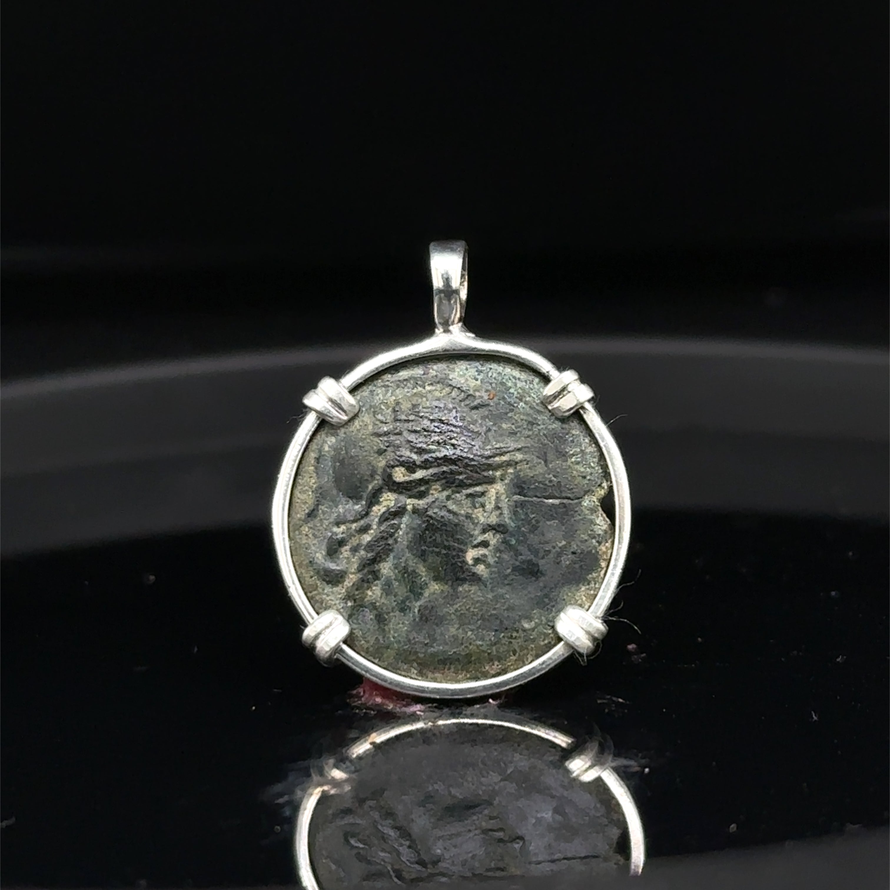 Ancient Greek Owl and Athena coin in sterling silver pendant