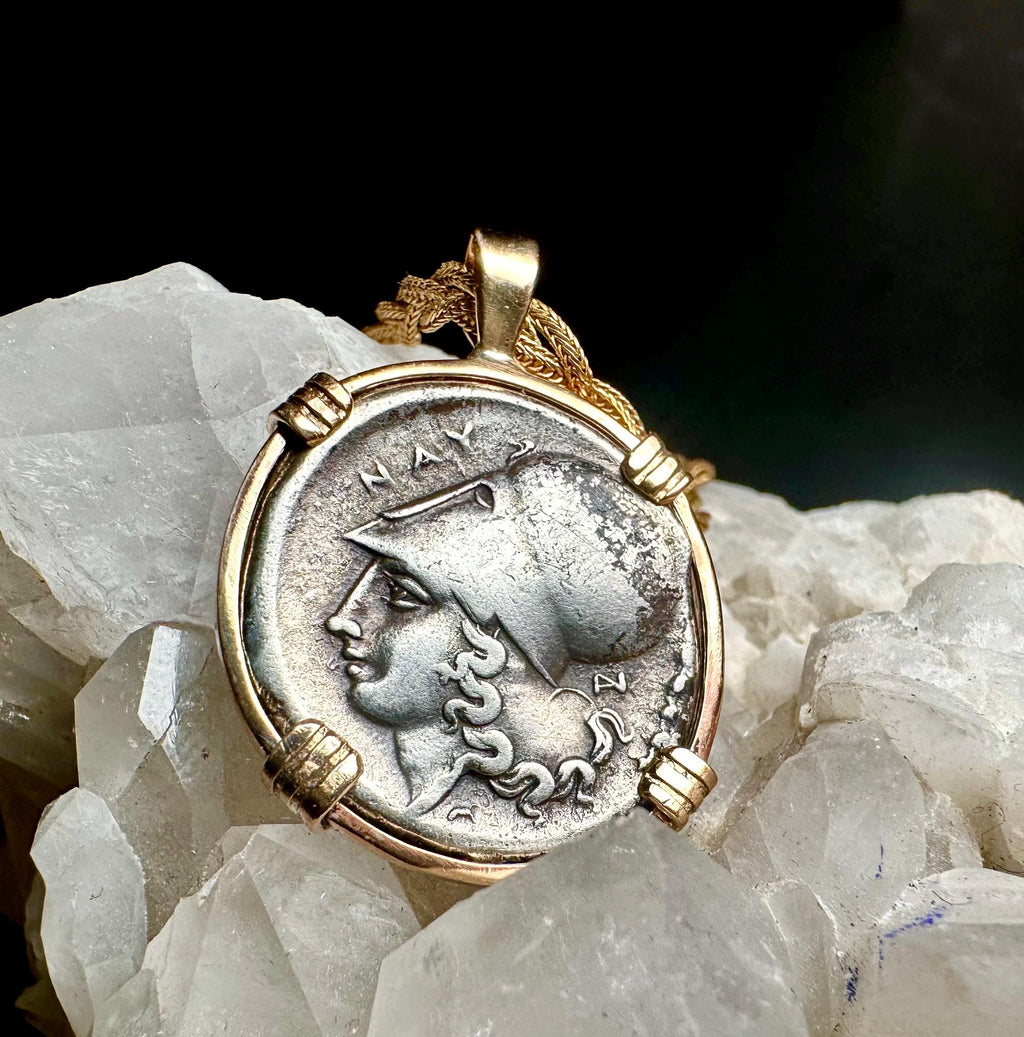 Genuine 350BC Ancient Greek Athena and Pegasus coin in 14k yg filled pendant