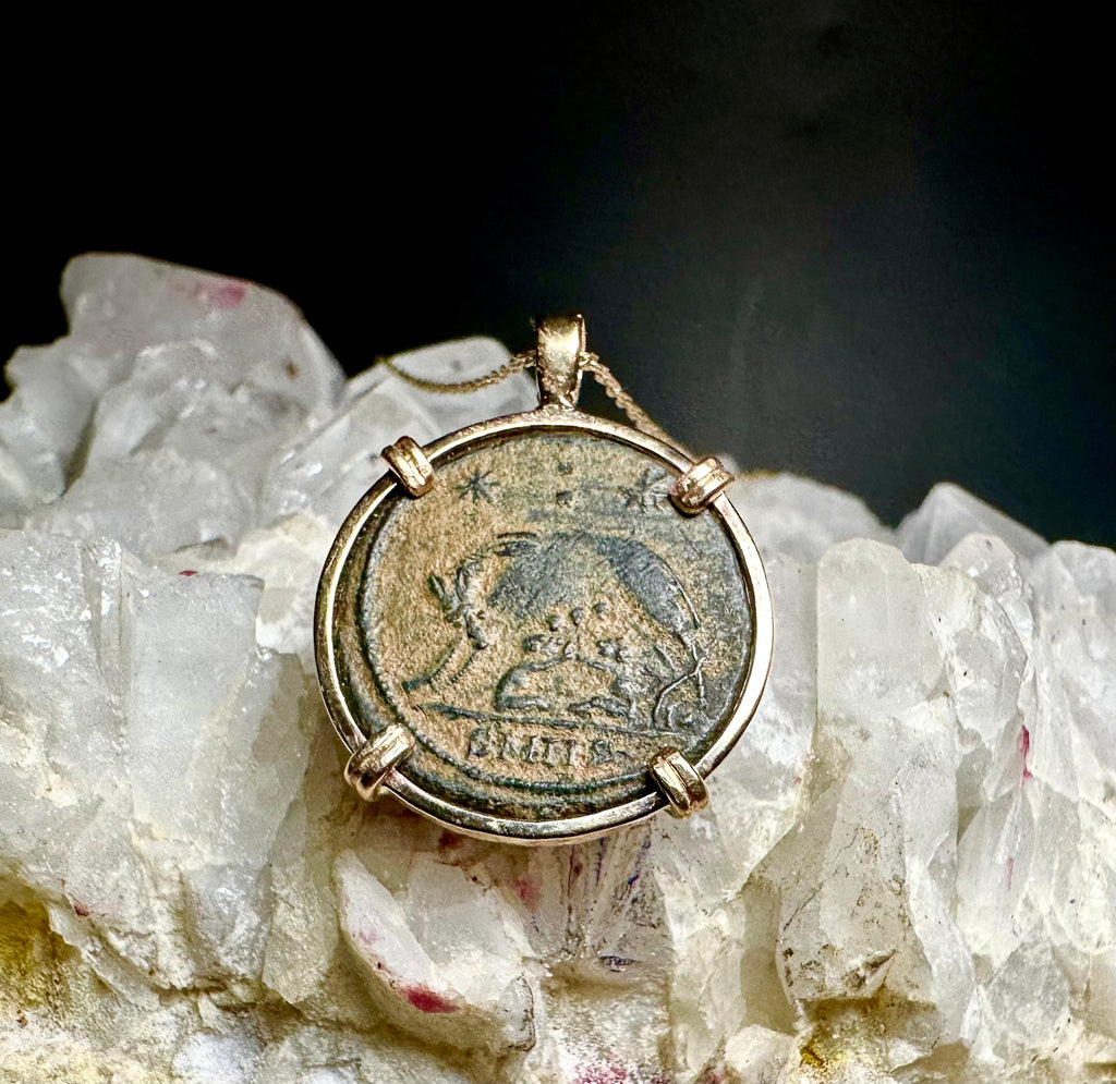 Ancient Roman She Wolf coin in 14k yellow gold filled pendant